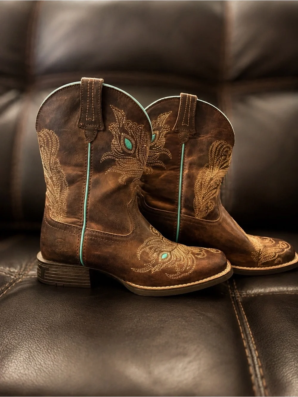 Ariat Brown Leather Kids Western Boots with Turquoise Accents